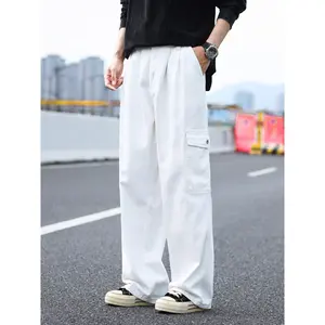 GGOR Men's Loose Fit Straight Leg Cargo Jeans with Multiple Pockets - Pure White Denim Work Pants, Casual American Style, Cotton Blend, Machine Washable, All-Season Comfort, Relaxed Fit Pants |   Utility Cargo Pants |   Cotton Work Pants