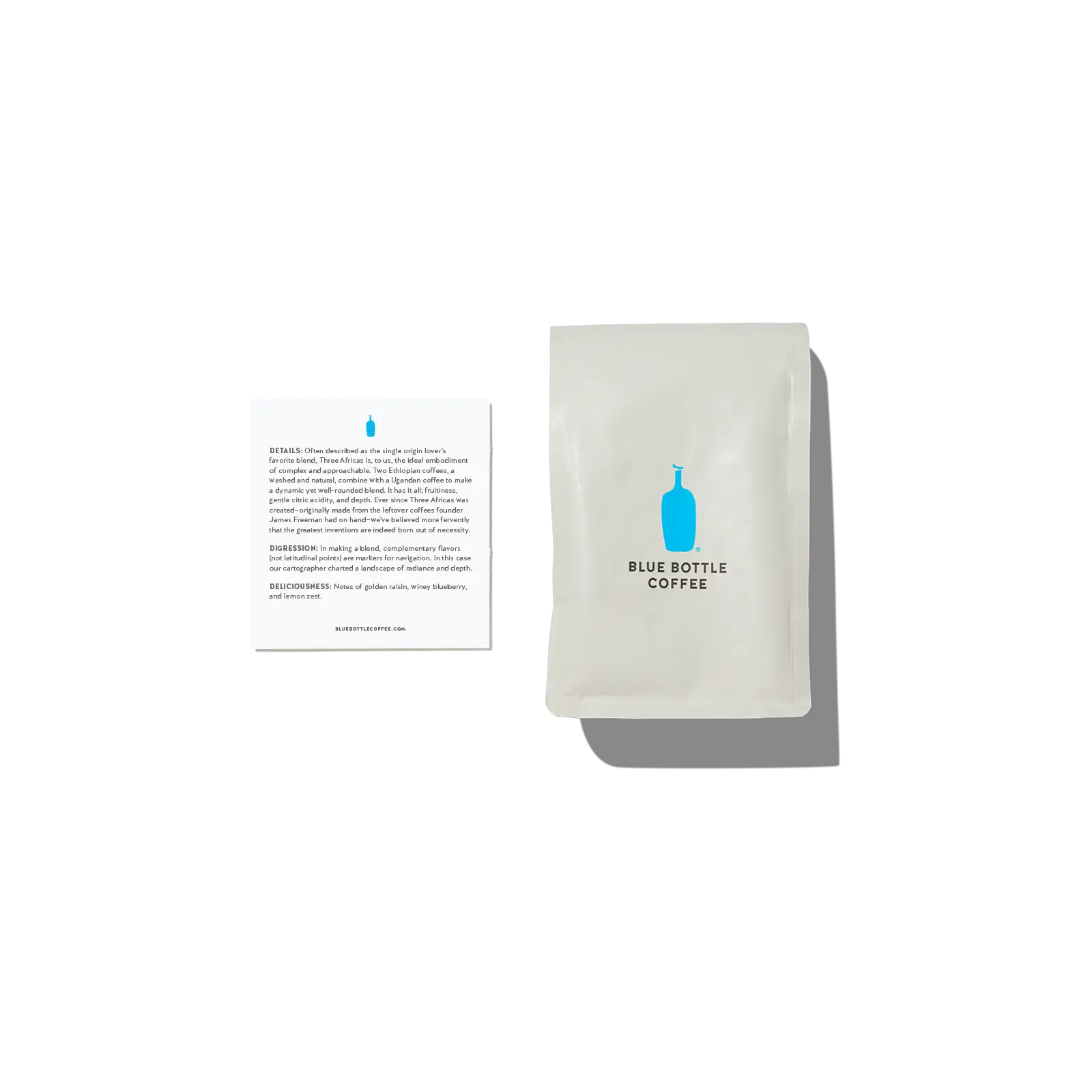 Blue Bottle Three Africas Organic Coffee, With Golden Raisin, Winey Blueberry, Lemon Zest Flavor Profile
