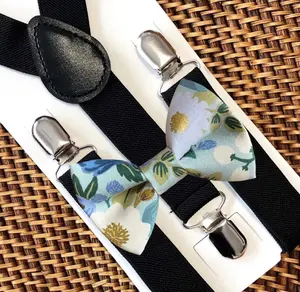 Blueberry Rifle Paper Co Bow Tie & Black Elastic Suspenders Set