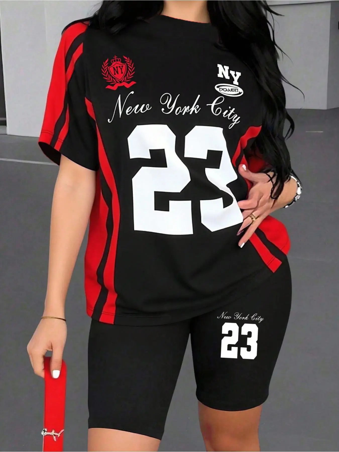 Women's casual fashion creative number 13 and slogan pattern printed T-shirt and sports shorts set, Sports Clothing Set