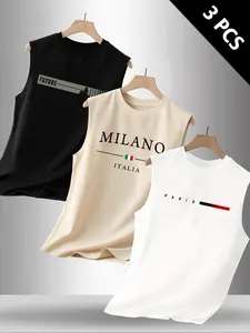 Men's Casual Sleeveless T-Shirt Set, Letter Pattern Print Round Neck Vest, Soft Breathable Fabric, Loose Fit, Summer Street Style