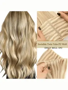 Honey Blonde Invisible Weft Hair Extensions, Seamless Extensions, Real Human Hair Double-Sided Weaving Clip-, 12 to 24 Inches Available for Women