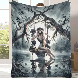 Gothic Forest Fairy Flannel Blanket Dark Romance Skull and Rose Print Soft Cozy Warm Lightweight Decor Throw Perfect for Bedroom Sofa Living Room Halloween Gift Home Decoration