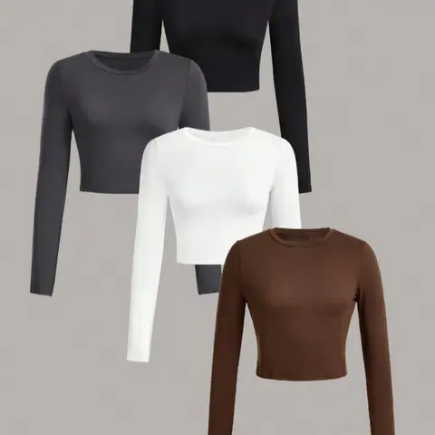Women's Solid Long Sleeve Tee, Casual Basic Round Neck Tops for Daily Wear, Ladies Clothes for All Seasons, Casual Fit Top