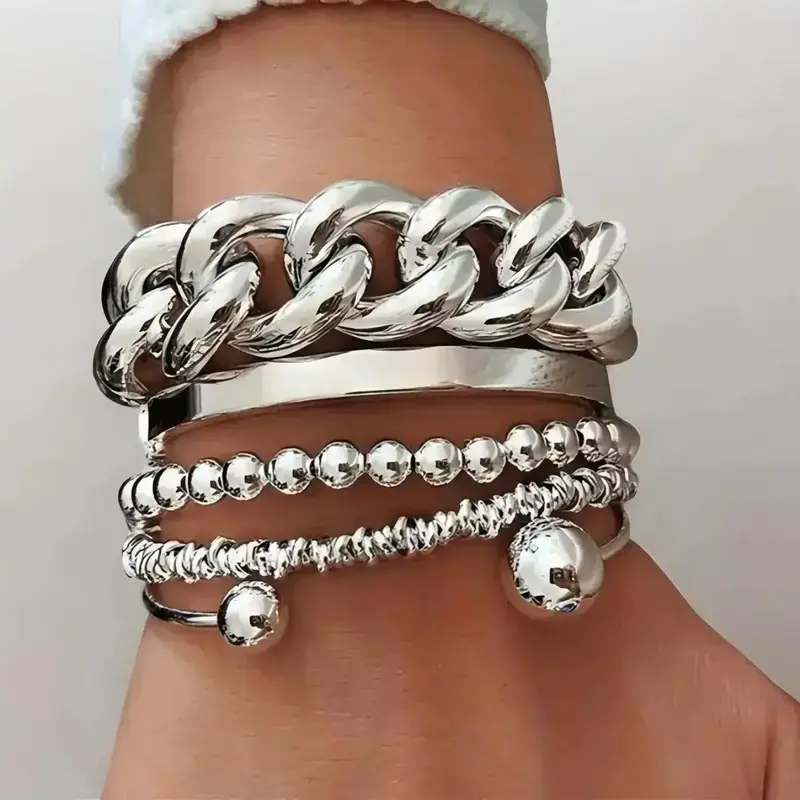 Women's 5-Piece Zinc Alloy Chain Links Adjustable Open Cuff Jewelry Stack, Chain Jewelry Bracelets & Bangles, Casual Bracelets & Bangles, Ideal for Holiday Gifts, Everyday Wear, Wrist Stack