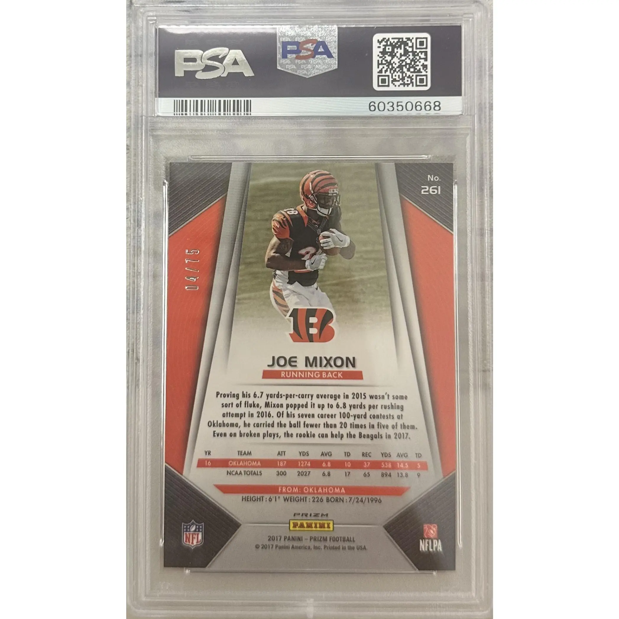 2017 Panini Purple Crystals Prizm #261 Joe Mixon PSA 10 Rookie