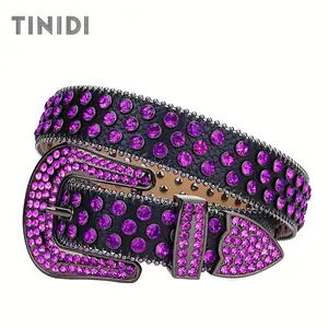 （All handmade）Men's Purple Rhinestone Buckle Waist Belt For Jeans Parties