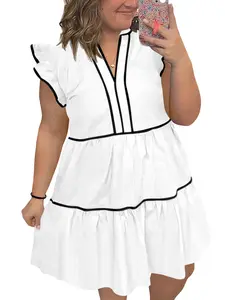 TANKANEO Plus Size Women’s V Neck Tiered Dress, Ruffle Sleeve Loose Fit Casual Mini Dress