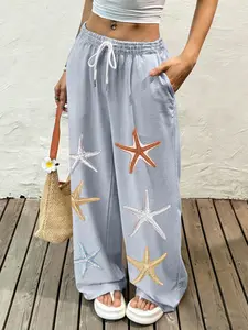 Women's Casual Long Pants, Light Base with Colorful Starfish Print, Comfortable Fabric, Elastic Waist with Drawstring, Beachwear, Boho Style, Casual Fashion Trousers