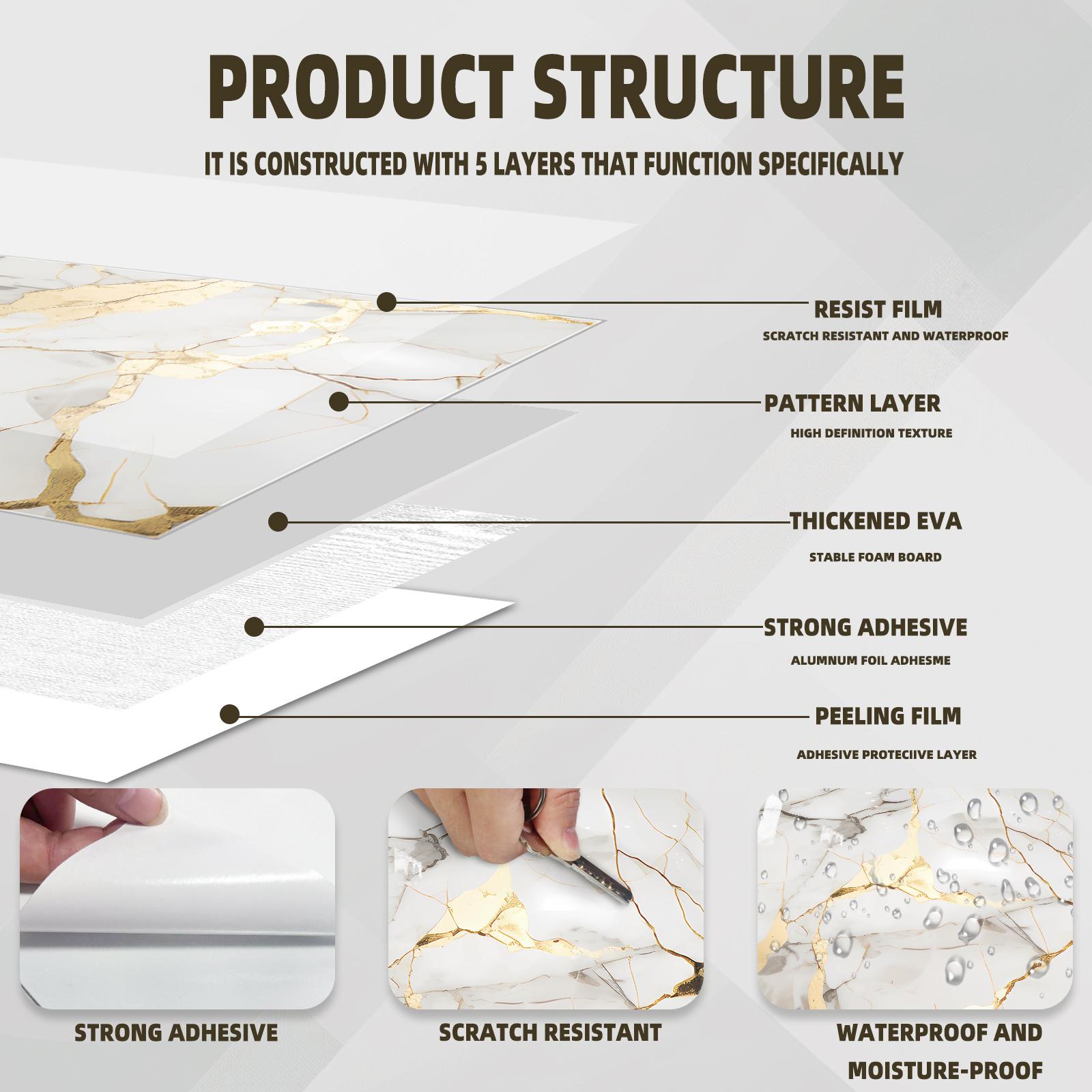 DEWOO Self-Adhesive Wall Stickers — Featuring a 3D dimensional effect. Stain-resistant, splash-proof, scratch-resistant, and highly durable; the perfect aid for renovating rental spaces，Marble-Patterned Wallpaper