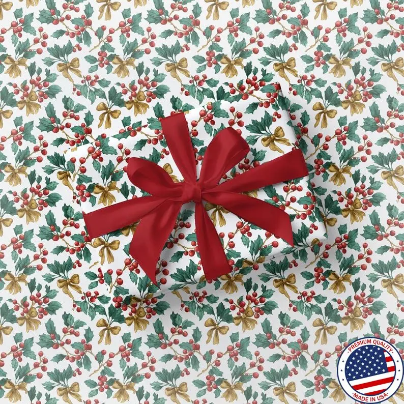 Toile Mistletoe Wrapping Paper Elegant Chinoiserie Gift Wrap Red Gold Holiday Wrapping Paper Roll Luxury Golden Bow Gift Wrap Christmas