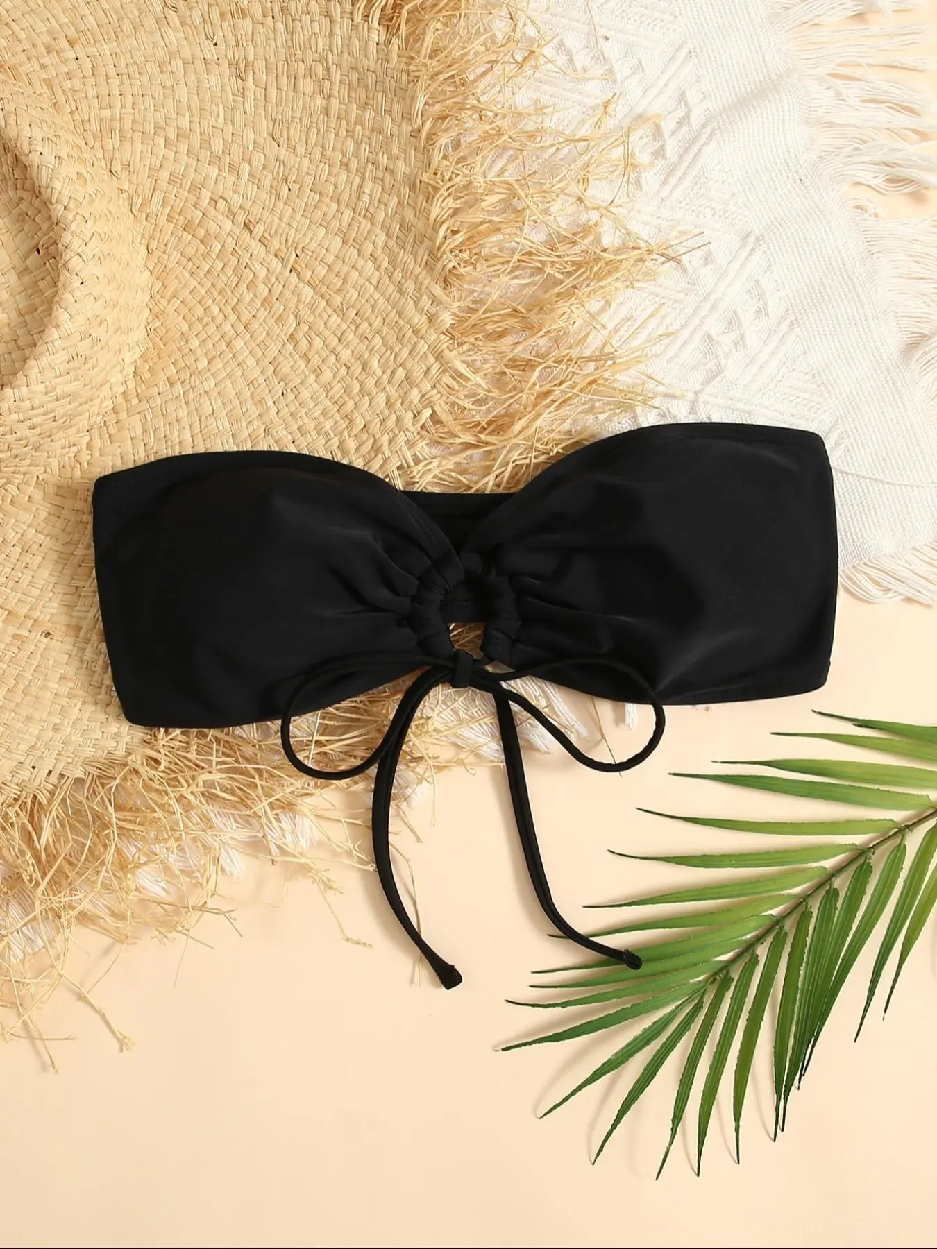 Women's Solid Color Tie Front Bandeau Bikini Top, Casual Strapless Swimwear Top for Beach Holiday Vacation, Ladies Swimsuit for All Seasons, Drawstring Swimsuit, Beachwear Fit, Bandeau Bathing Top
