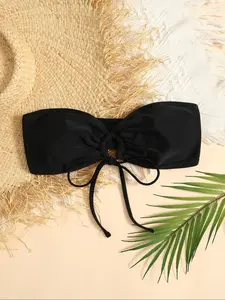 Women's Solid Color Tie Front Bandeau Bikini Top, Casual Strapless Swimwear Top for Beach Holiday Vacation, Ladies Swimsuit for All Seasons, Drawstring Swimsuit