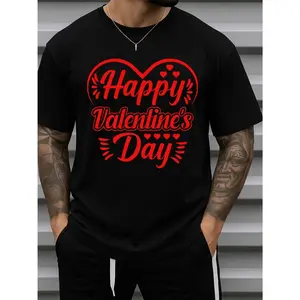 Men'S Valentine'S Day Heart Graphic T-Shirt - Retro Red Heart & Happy Valentine'S Day Print, Black Short Sleeve Casual Tee, Comfortable Round Neck, All-Season Wear, Couples Matching Outfits, Durable Digital Print, Year-Round Streetwear Essential