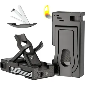 Multifunctional Pipe Lighter, Built-in Stand, 3 in 1 Cleaner Tools, Refillable Butane Lighter with Angled Soft Flame, Handy, Gas, for Pipe Gift