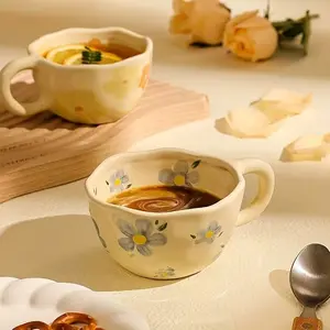 Floral Pattern Ceramic Cup, Irregular Flower Shape Coffee Mug, Milk Tea Cup, Korean Oatmeal Breakfast Cup, Drinkware