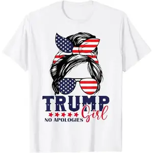 Women's 100% Cotton Lightweight Short-Sleeve Round Neck Everyday T-Shirt, Unisex Trump Girl No Apologies Messy Bun American Flag Top