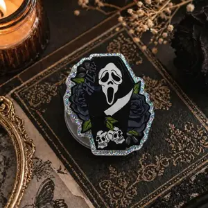 Gothic Horror Phone Grip – Spooky Coffin Pop Socket with Ghost Face & Skulls, Aesthetic Dark Academia Phone Holder, Glitter Edge Collapsible Accessory, Unique Gift for Horror Fans