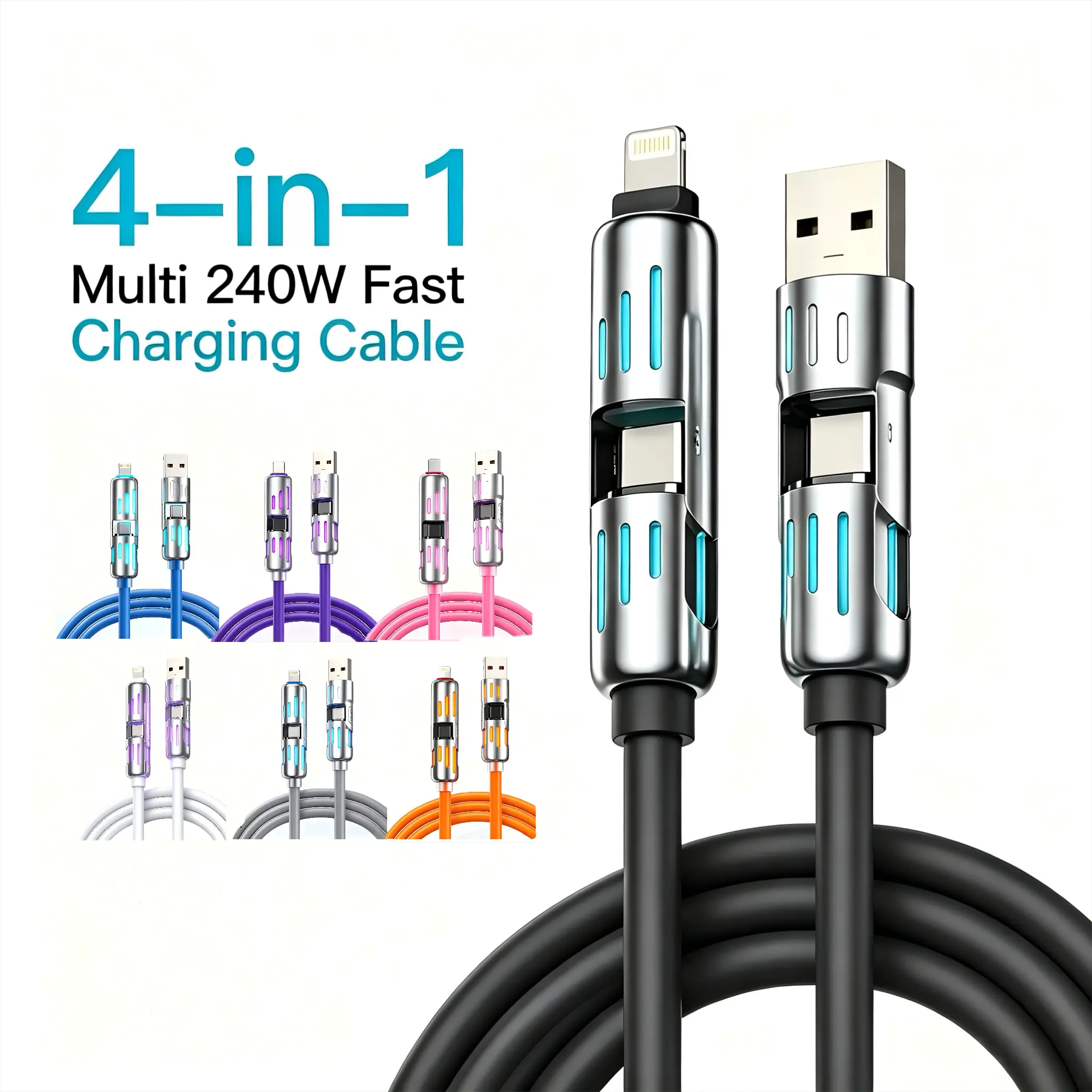 240W Fast Charger with 4-in-1 Multi-Port Silicone Cord Silicon Sheath, USB-A/USB-C/Lightning Cable for Mobile, iPhone Users, iPhone 15-17, Samsung Galaxy, Laptop