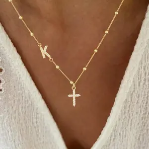 Pave Zirconia Letter Cross Necklace – Stainless Steel Gold Beaded Chain