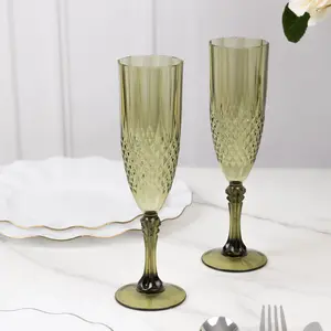6-Pack Plastic Wedding Toast Flutes Dusty Sage Green Transparent Crystal Cut Style - Reusable Champagne Glasses 8oz