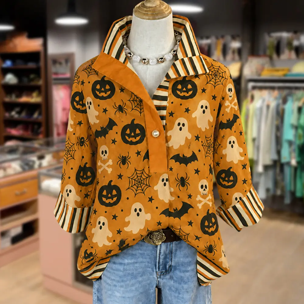 Cherrybetty Halloween Ghost Pumpkin Print Striped Collar Three Quater Sleeve Blouse Outfit Inspo All Seasons Fashion Going Out Tops Sweety Comfort Outfits