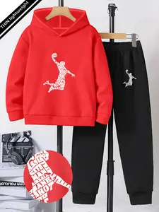 Boys' Basketball Text Patchwork Printed Set, 5-14 Years Old, Hoodie & Pants Two-Piece, Spring & Fall Casual Streetwear, Clothes Kids