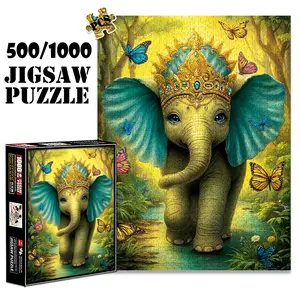 1pc 1000 piece adult puzzle 70x50cm Elephant with Crown Surrounded by Butterflies in Forest 500 pieces of paper jigsaw puzzle, suitable for adults and families, large-scale DIY puzzle interactive to