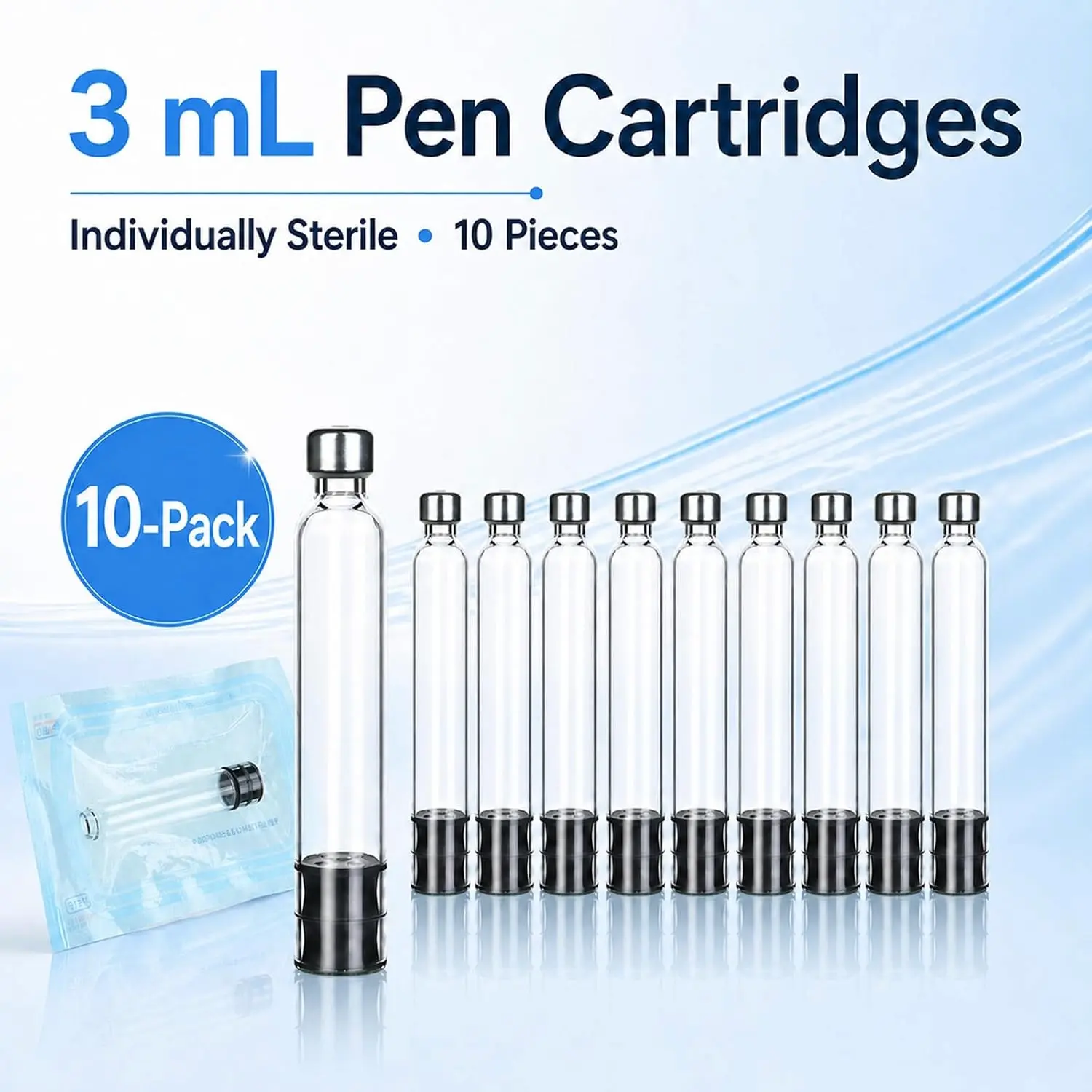 10-Pack 3mL Sterile Individually Sealed Refillable Glass Ink Cartridges