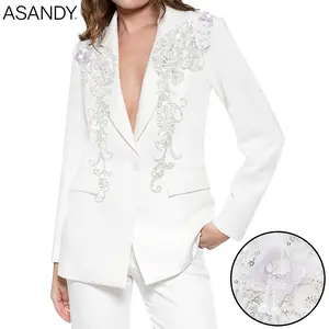 ASANDY Women's Long Sleeve Bridal White Blazer - 1-Piece Handcrafted 3D Butterfly, Rhinestone, Sequin Applique, Elegance Clothes for Brides,summervibes