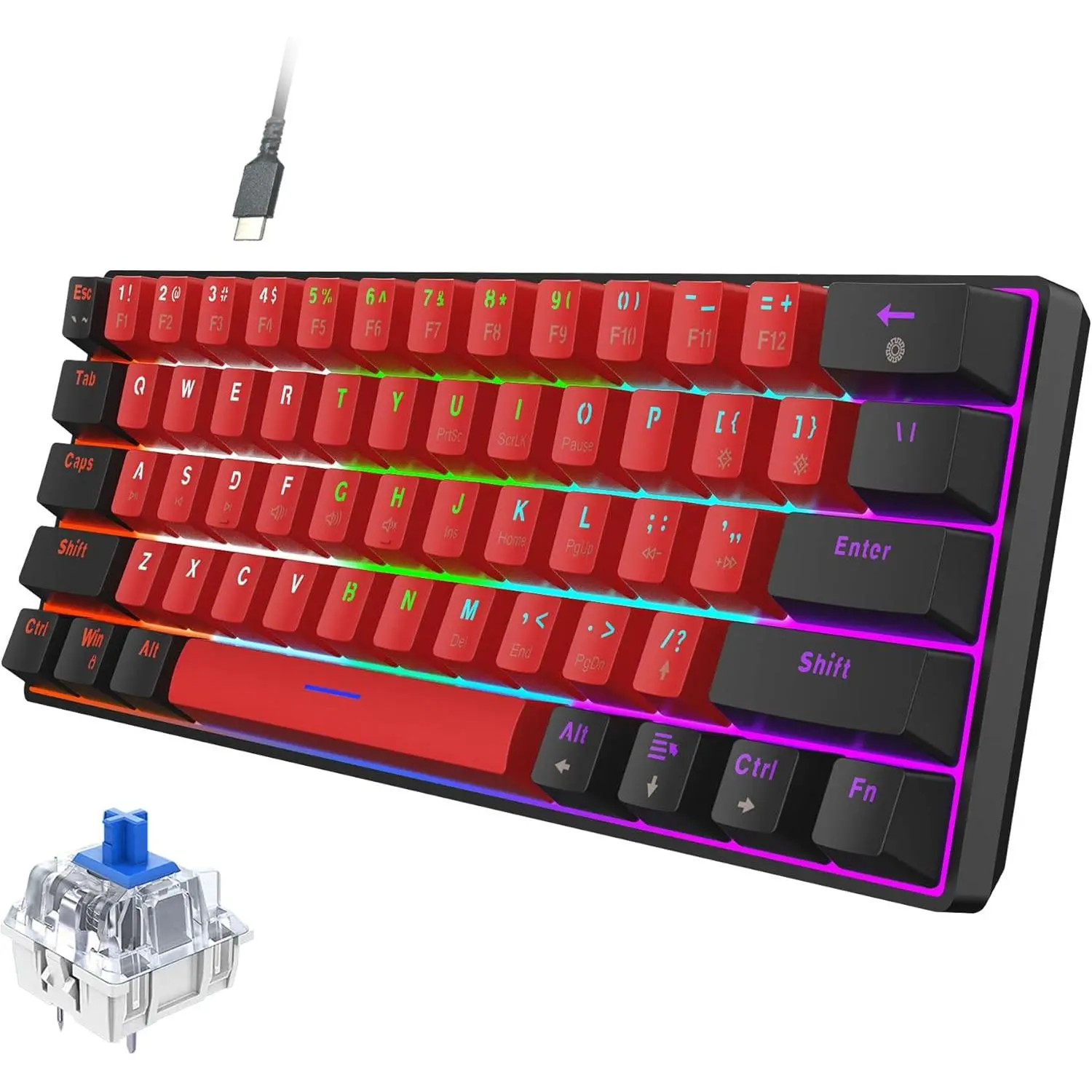 60% Wired Mechanical Gaming Keyboard, LED Backlit 60 Percent Gaming Keyboard for Windows Laptop PC  (Black-Red, Blue Switches)