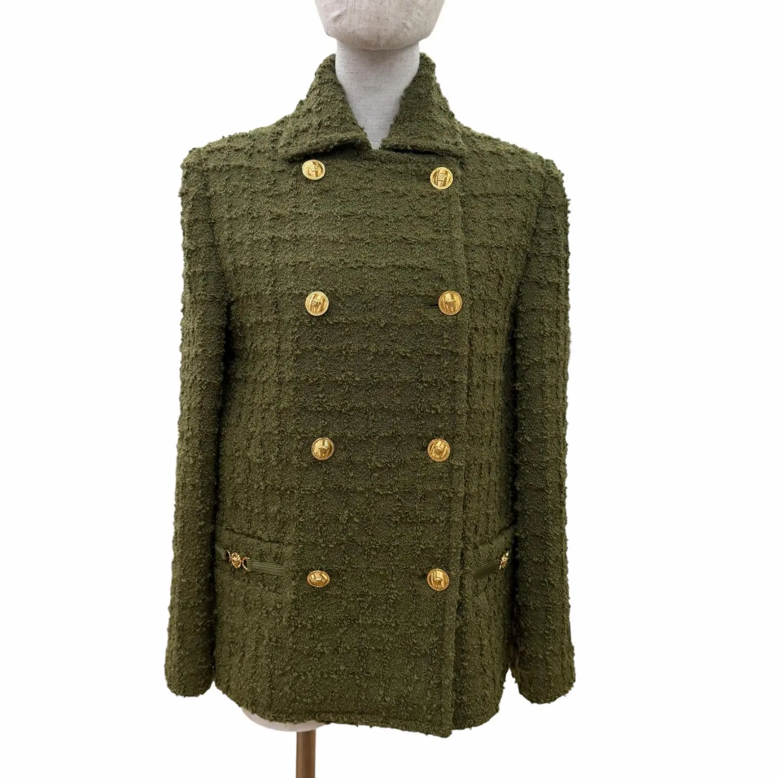 Pre-owned VERSACE Wool Small Leather Goods Heritage Medusa Tweed Double Breasted Coat