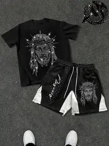 Men's Casual 2-Piece Set Outfit, T-Shirt with Jesus Crown Print, Short Pants Matched, Matching, Comfortable Skin-Friendly Fabric, Trendy Design