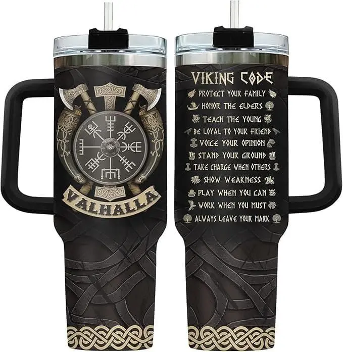 Viking Code Tumbler 40oz with Handle and Straw, Valhalla Norse Mythology Stainless Steel Cup, Viking Compass Vegvisir Travel Mug, Father's Day Gift for Men