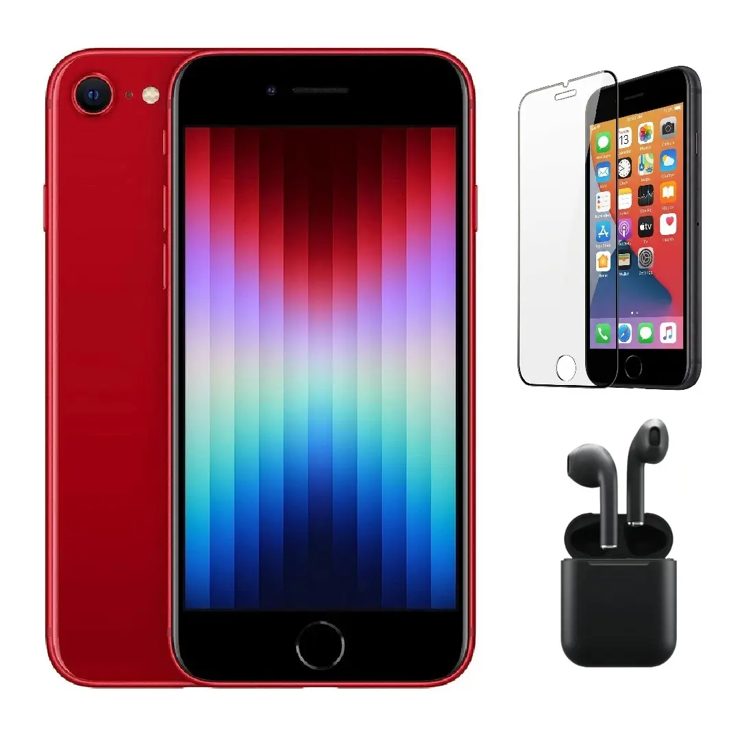 Refurbished Apple iPhone SE (3rd Gen) A2595 (Fully Unlocked) Good Condition with Pre-Installed Tempered Glass and Bluetooth Earbuds & 1 Year Warranty