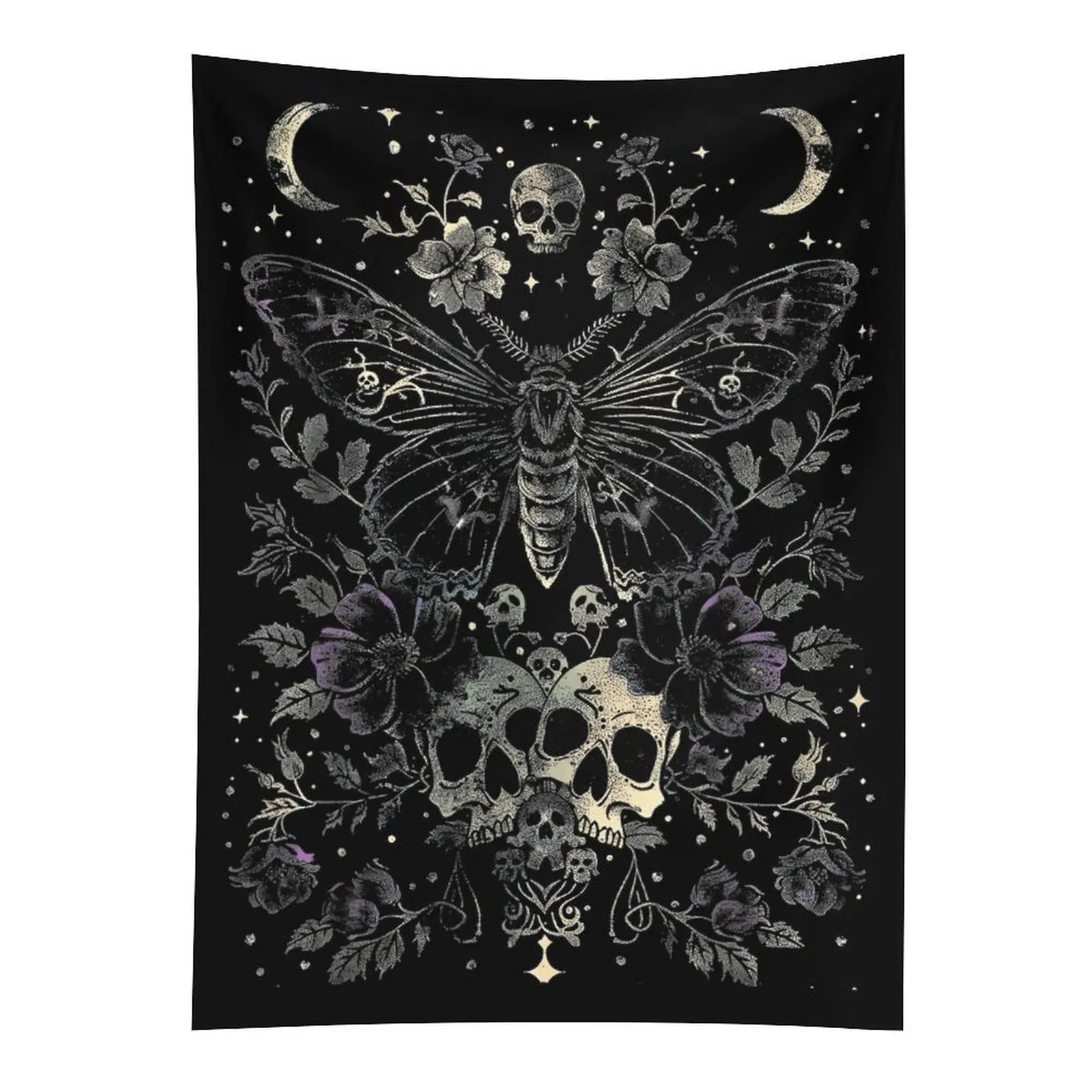 Cottagecore Moth Skull Wall Tapestry, Floral Moon Goth Witchy Wall Hanging, Boho Bedroom Decor