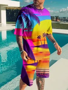 Men's Colorful Vacation Two-Piece Set with Short Sleeve Fitted Design, Unique Tropical Sunset Palm Pattern, Comfortable Material for Summer Outings and Casual Gatherings