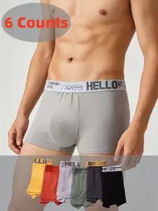 6 Counts Men's Classic Boxer Briefs, Fashion Hello Print Waistband Underwear, Breathable Stretch Fabric Trunks, Comfortable Tag Free Design Panty, Perfect For Daily Wear, Work, Gym And Any Casual Occasion