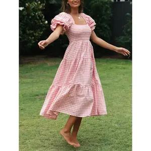 Women's Gingham Print Bubble Sleeve Dress, Casual Short Sleeve Square Neck A Line Dress for Summer, Women's Clothing for Daily Wear