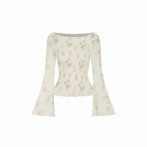 Cider Chiffon Floral Boat Neck Bell Sleeve Ruffled Top