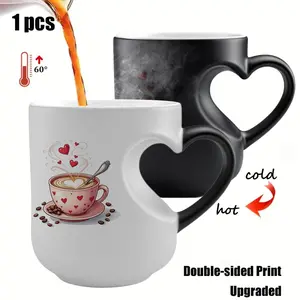 Unique Heart-Shaped Handle Ceramic Coffee Mug, 11 Oz Color-Changing Latte Art Design, Perfect Gift for Daily Brew Coffee Lovers