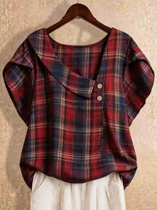 Women's New Spring Summer Short Sleeve Plaid Shirt Button Front Blouse, Flounce Sleeves Casual Style, Plus Size Fashion Top, Comfortable and Stylish