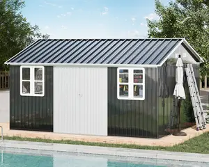 Amerlife Shed 4-pane Window Nordic Cottage Storage Shed Outdoor Metal Garden House Double Hinged Lockable Doors for Backyard Garden Patio Lawn Dark Grey/White