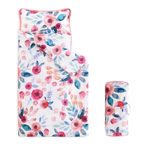 Toddler Nap Mat with Pillow and Blanket, for Kids Girls in Kindergarten Daycare Preschool Pre K, Roll Up Sleeping Bag, Floral Botanical Flowers, Mauve Pink, Standard