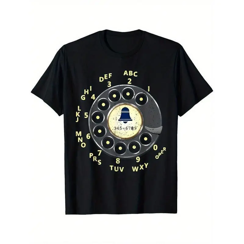 [Vintage Phone T-Shirt] Vintage Dial Phone Printed T-Shirt - Summer Casual Short Sleeved Round Neck T-Shirt - Men'S Clothing, Versatile And Fashionable Top For Daily Wear, Suitable For Daily Life, Regular-Fit, Family T-Shirt,tees,T-Shirt for Men Women