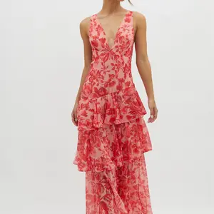 Spaghetti-Strap Floral Print Backless Multi-Layer V-Neck Dress