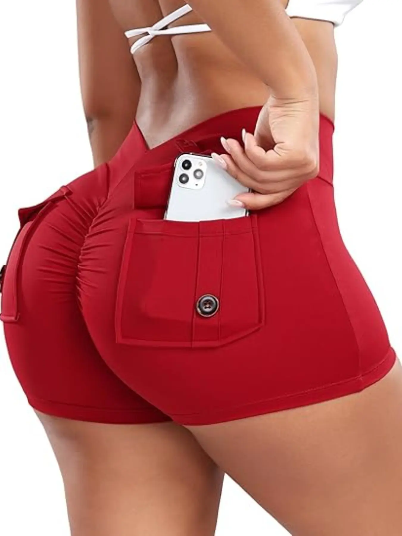 Women's Yoga Shorts High Waisted V-Back Design with Phone Pocket, Multi Pocket Shorts, Elastic Sporty Shorts, Sport Shorts, Stretch Shorts, Breathable Fabric, Fitness and Daily Wear, Summer Jogger Pants