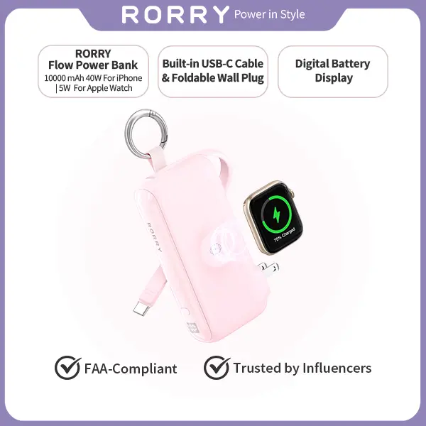 #SummerFinds RORRY Flow 10000mAh 40W Fast Charging Power Bank with USB-C Cable and Foldable Plug for iPhone 17-12 & Apple watch Travel Essential Giftidea