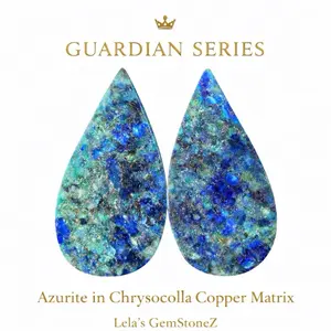 Guardian Series Copper Earth Azurite Chrysocolla Teardrop Cabochons Pair Polished Natural Matrix Mineral Gemstone Specimens for Jewelry Designers crystal choice s decor Intention-Powered