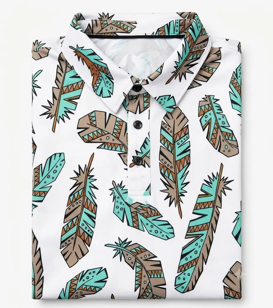 Men's White Feather Polo Shirt Country Cowboy Style Southwestern Print Short Sleeve Collared Shirts Vintage Aztec Pattern Polo Top Casual Everyday Fashion Outfits Retro Streetwear Clothing Lightweight Comfortable Breathable